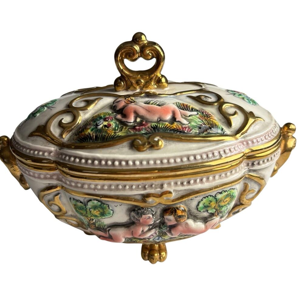 VTG Capodimonte Style CHERUB Footed Lidded Bowl Italy Porcelain Candy Dish